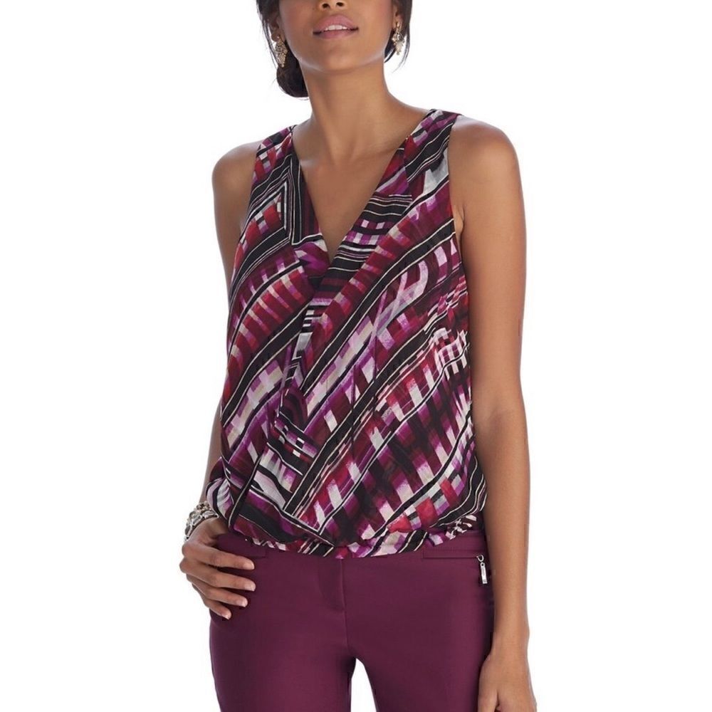WHBM Womens Size XS Purple & Black Sleeveless Geometric Crossover Blouse Top